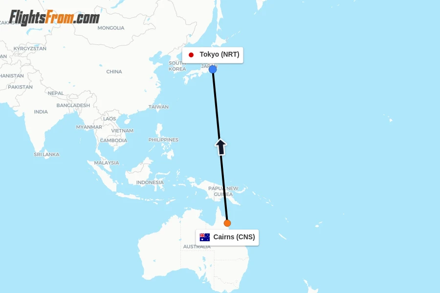 Flights from Cairns to Tokyo route map