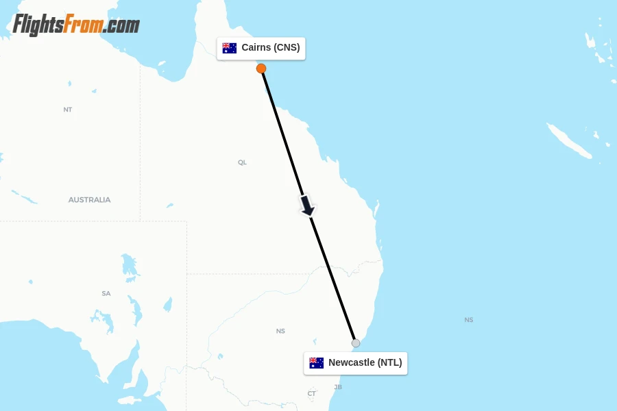 Flights from Cairns to Newcastle route map