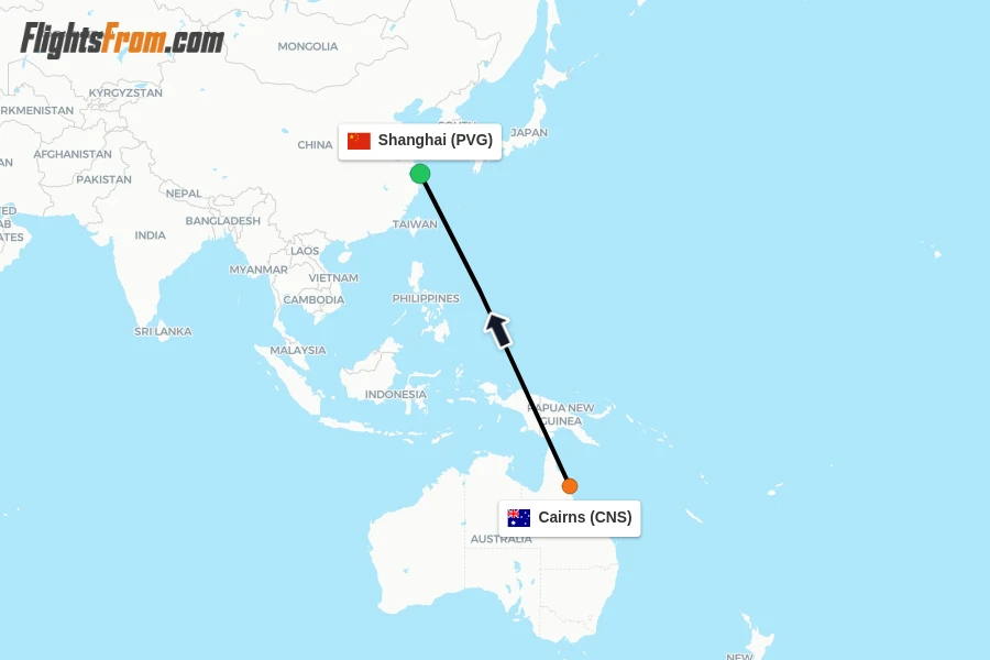 Flights from Cairns to Shanghai route map