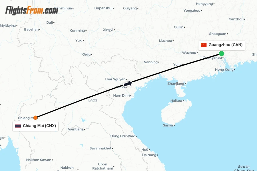 Flights from Chiang Mai to Guangzhou route map
