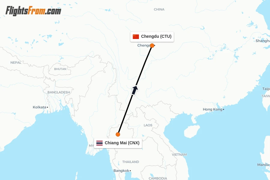 Flights from Chiang Mai to Chengdu route map
