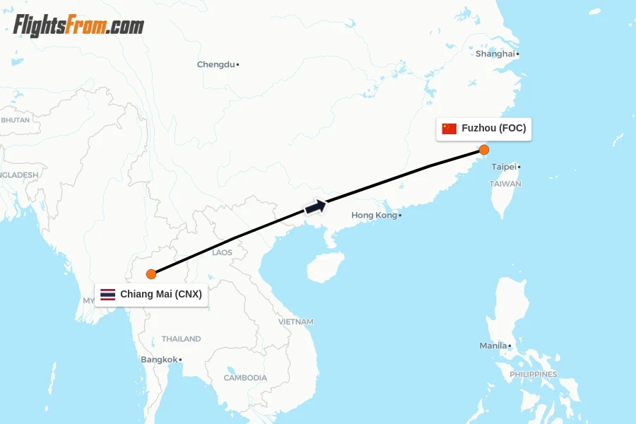 Flights from Chiang Mai to Fuzhou route map