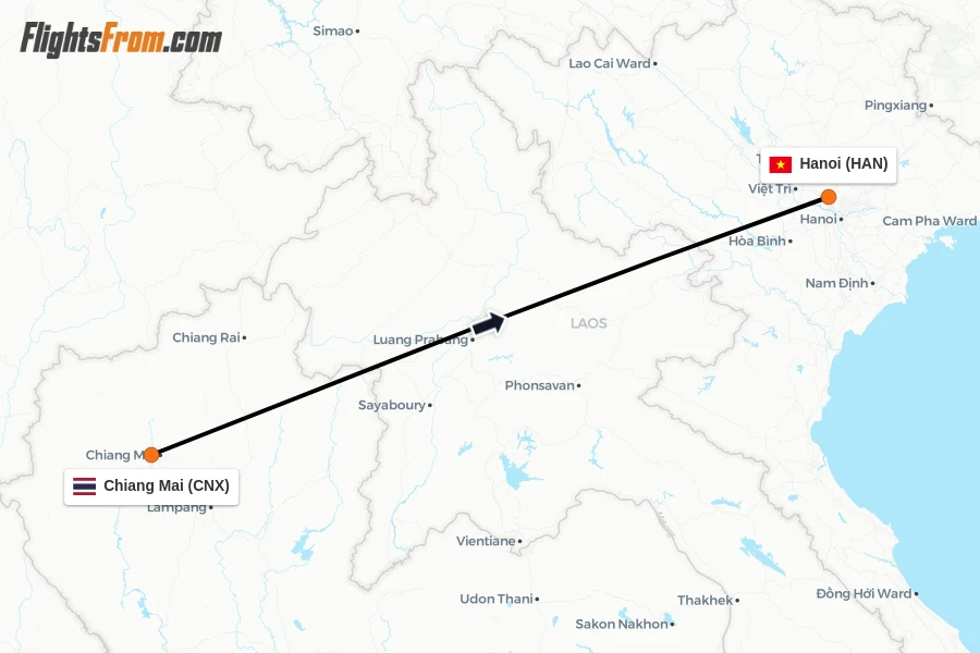 Flights from Chiang Mai to Hanoi route map