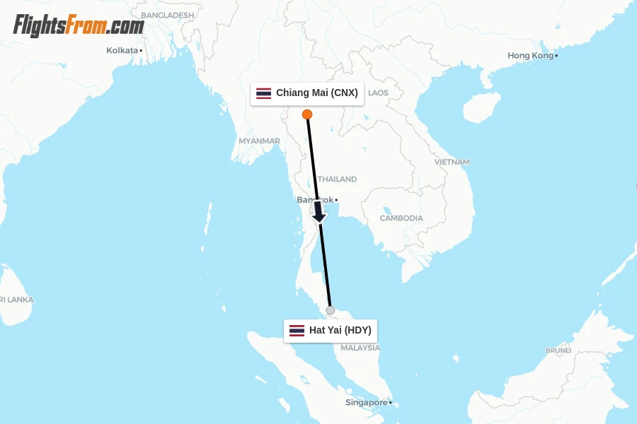 Flights from Chiang Mai to Hat Yai route map