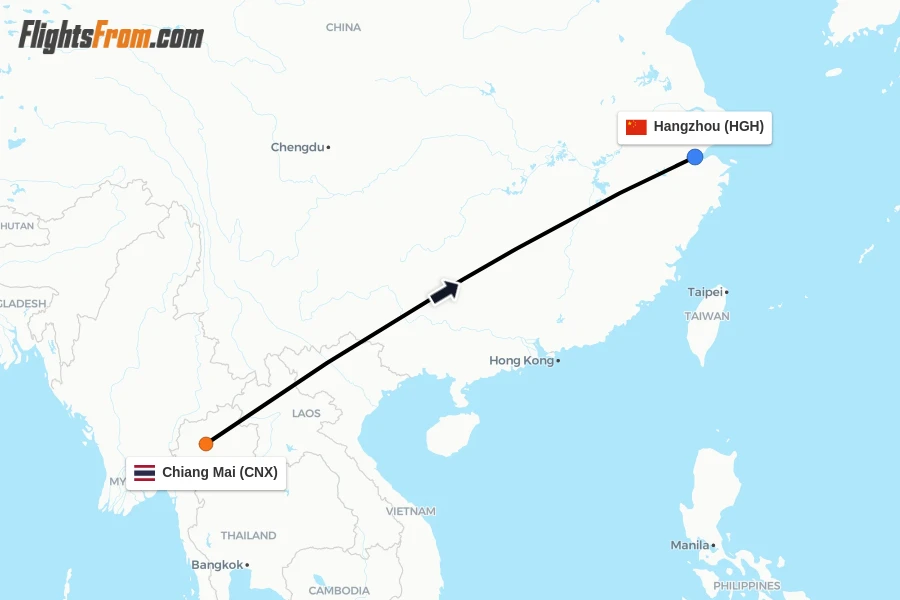 Flights from Chiang Mai to Hangzhou route map