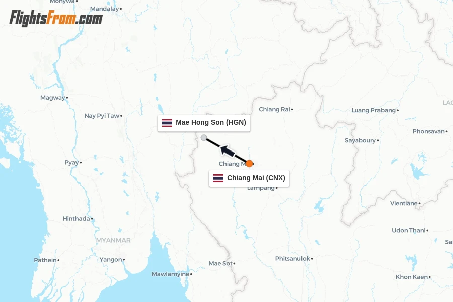 Flights from Chiang Mai to Mae Hong Son route map