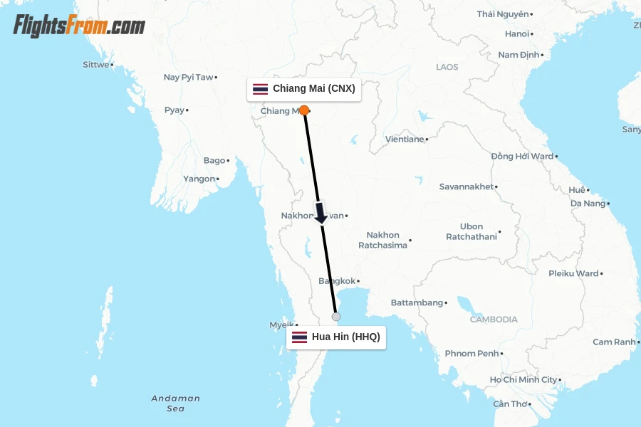 Flights from Chiang Mai to Hua Hin route map
