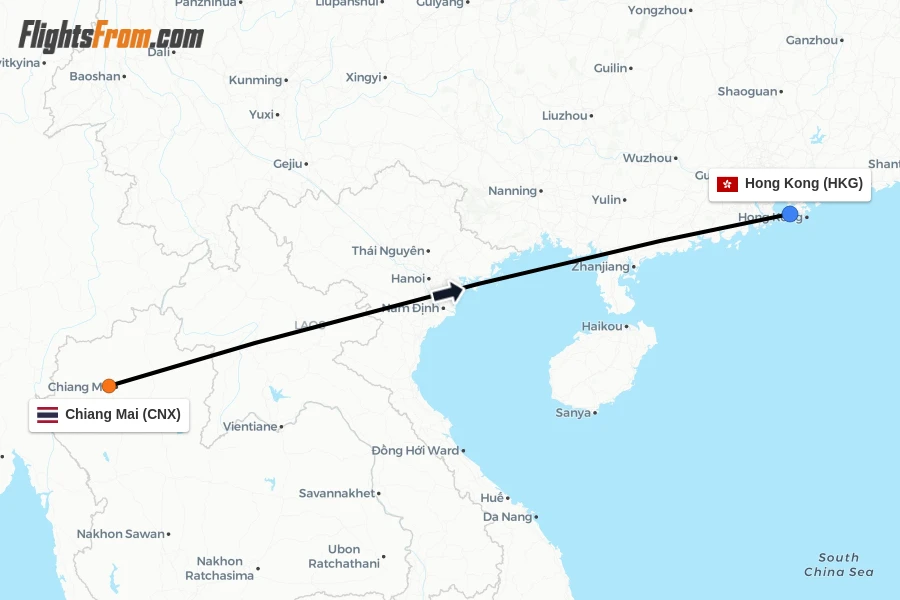 Flights from Chiang Mai to Hong Kong route map