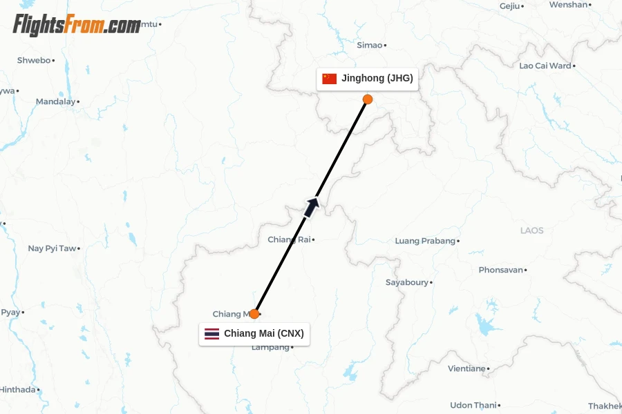 Flights from Chiang Mai to Jinghong route map