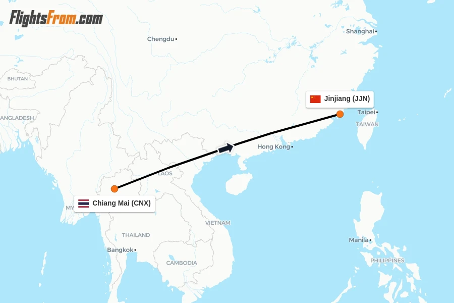 Flights from Chiang Mai to Jinjiang route map