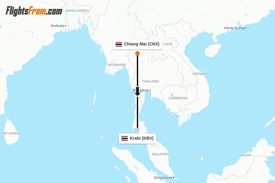 Flights from Chiang Mai to Krabi route map