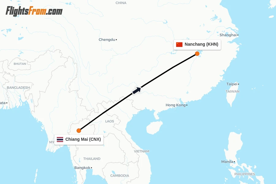 Flights from Chiang Mai to Nanchang route map