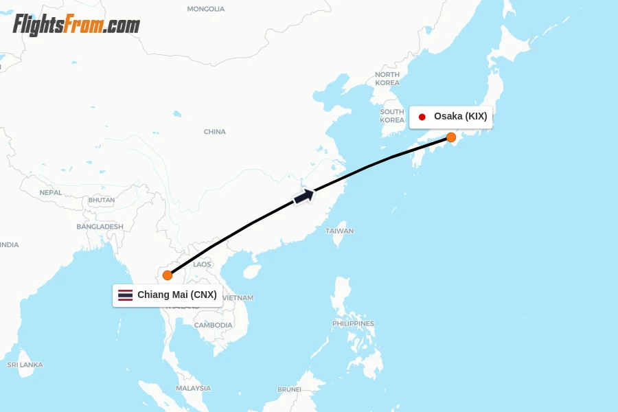 Flights from Chiang Mai to Osaka route map