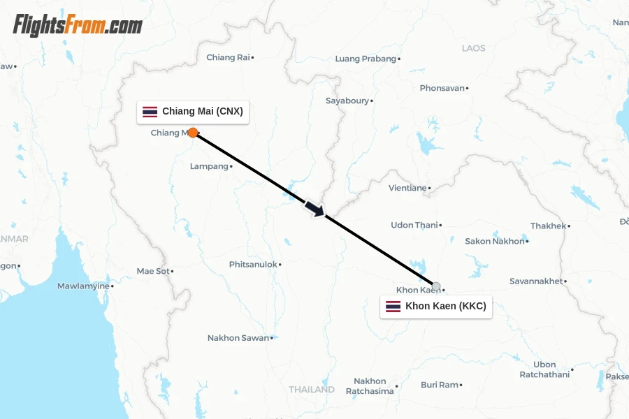 Flights from Chiang Mai to Khon Kaen route map