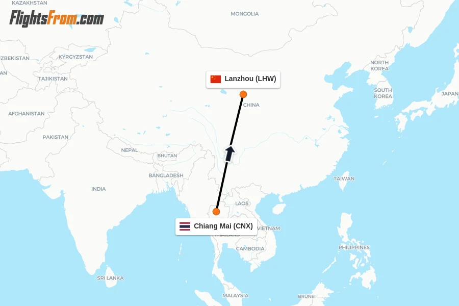 Flights from Chiang Mai to Lanzhou route map