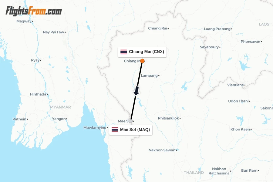 Flights from Chiang Mai to Mae Sot route map