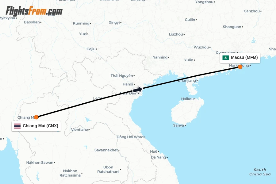 Flights from Chiang Mai to Macau route map