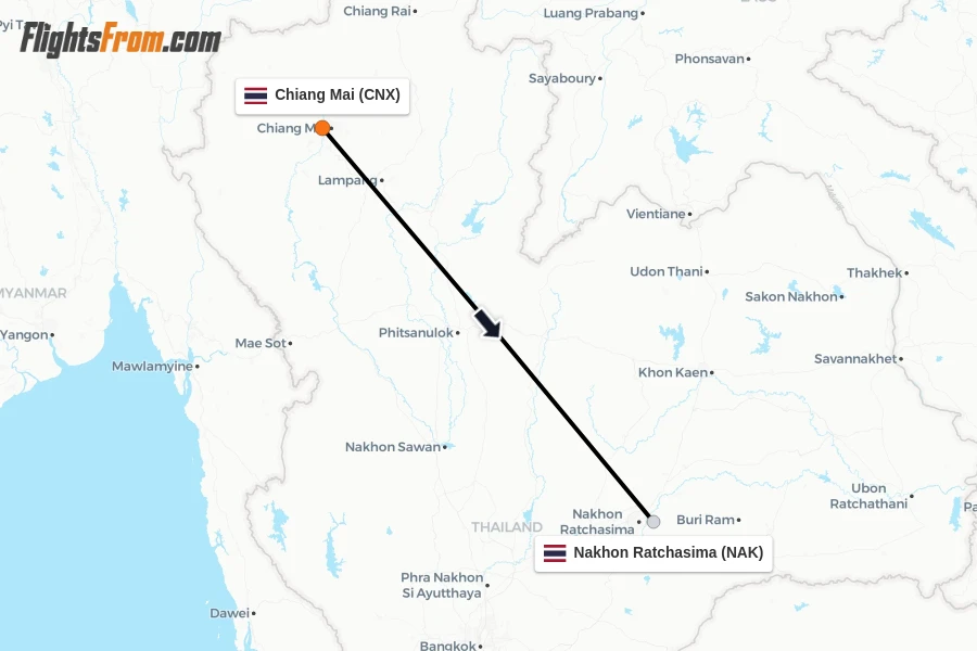 Flights from Chiang Mai to Nakhon Ratchasima route map