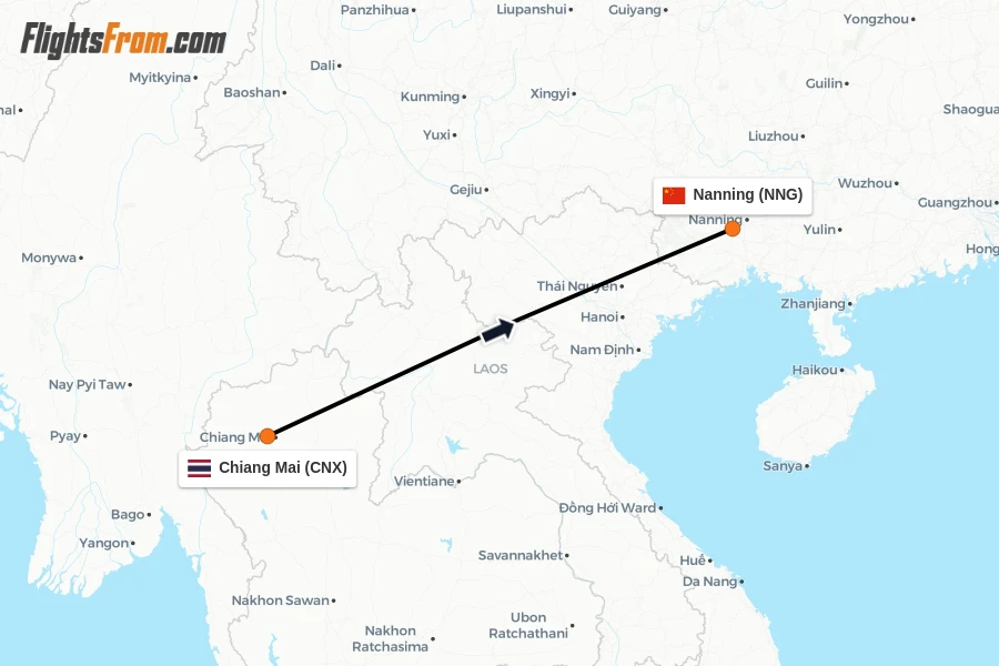 Flights from Chiang Mai to Nanning route map