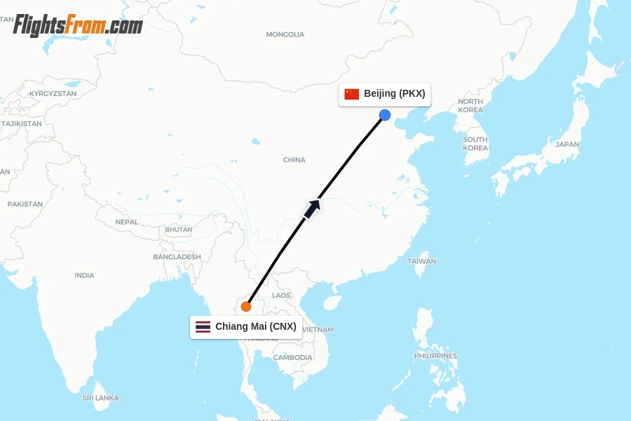 Flights from Chiang Mai to Beijing route map