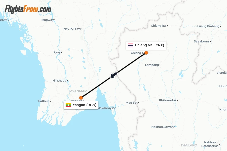 Flights from Chiang Mai to Yangon route map