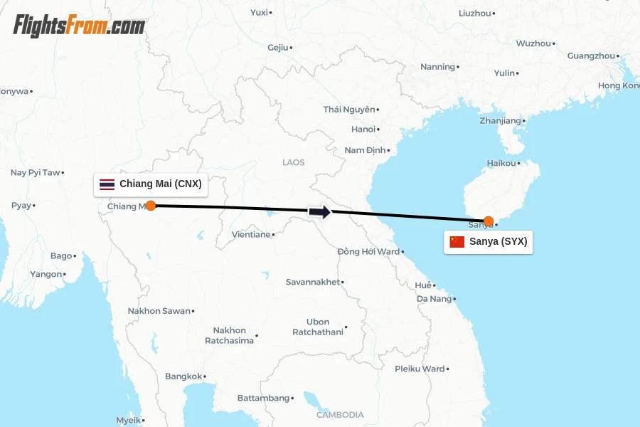 Flights from Chiang Mai to Sanya route map
