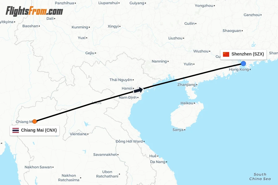 Flights from Chiang Mai to Shenzhen route map