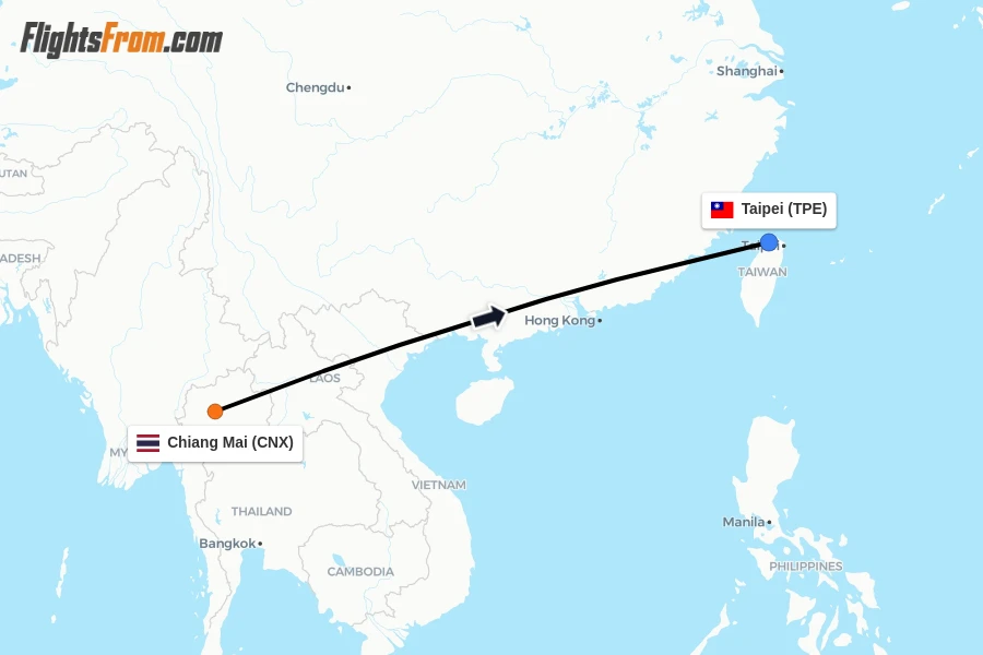 Flights from Chiang Mai to Taipei route map