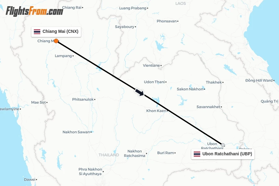 Flights from Chiang Mai to Ubon Ratchathani route map