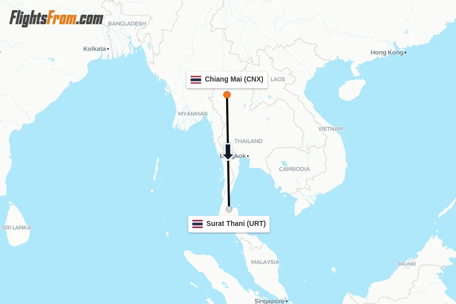 Flights from Chiang Mai to Surat Thani route map