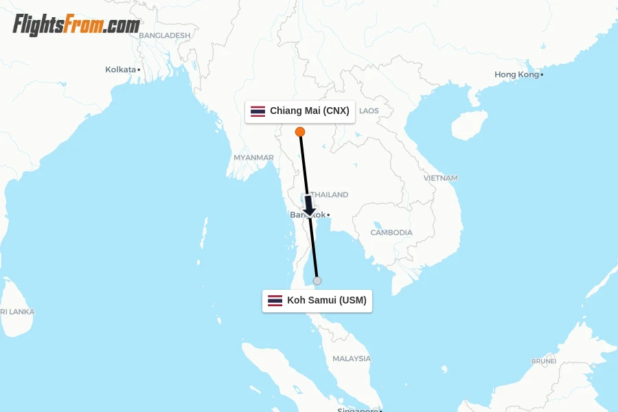 Flights from Chiang Mai to Koh Samui route map