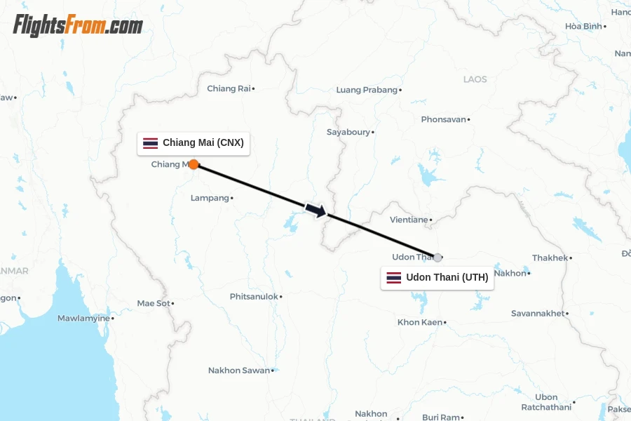 Flights from Chiang Mai to Udon Thani route map