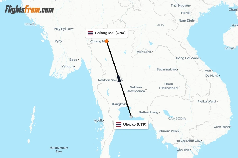 Flights from Chiang Mai to Utapao route map