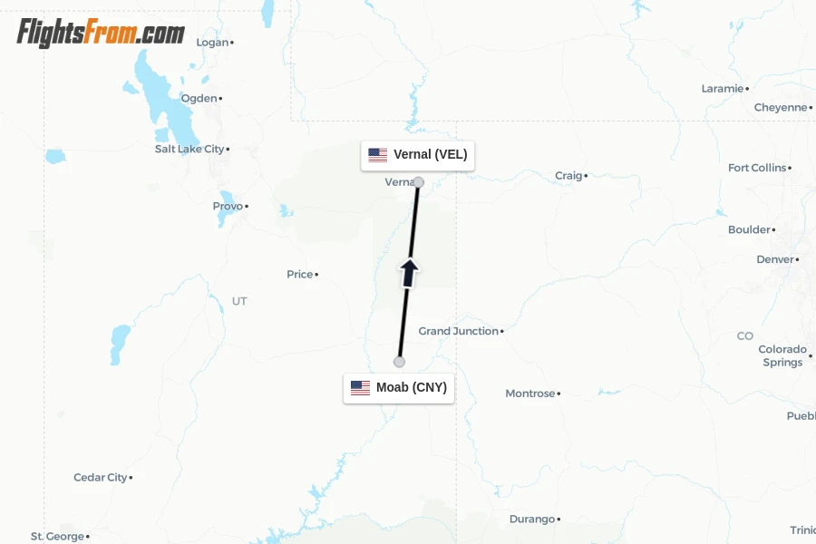 Flights from Moab to Vernal route map