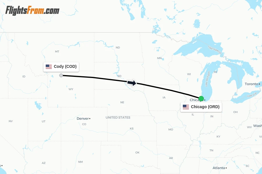 Flights from Cody to Chicago route map