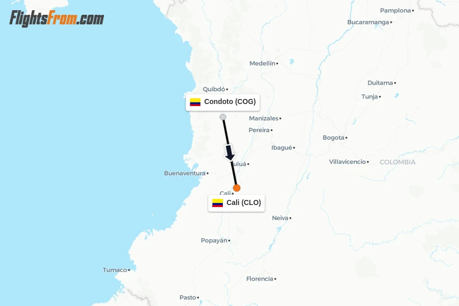 Flights from Condoto to Cali route map