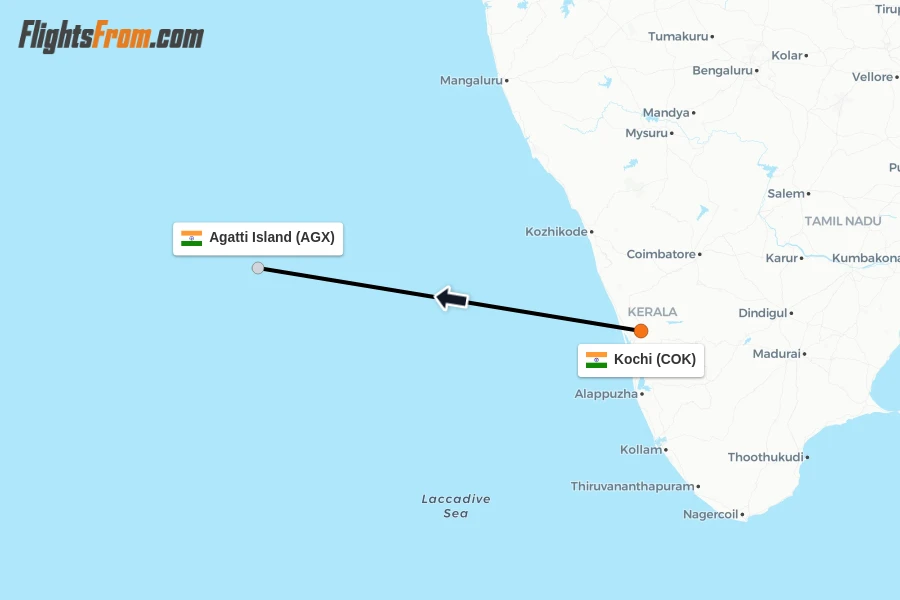 Flights from Kochi to Agatti Island route map