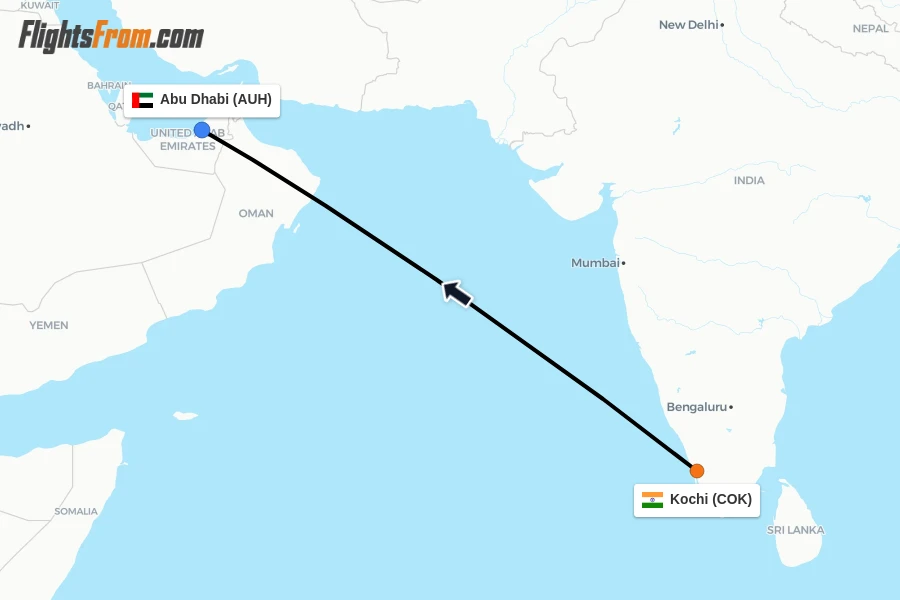 Flights from Kochi to Abu Dhabi route map