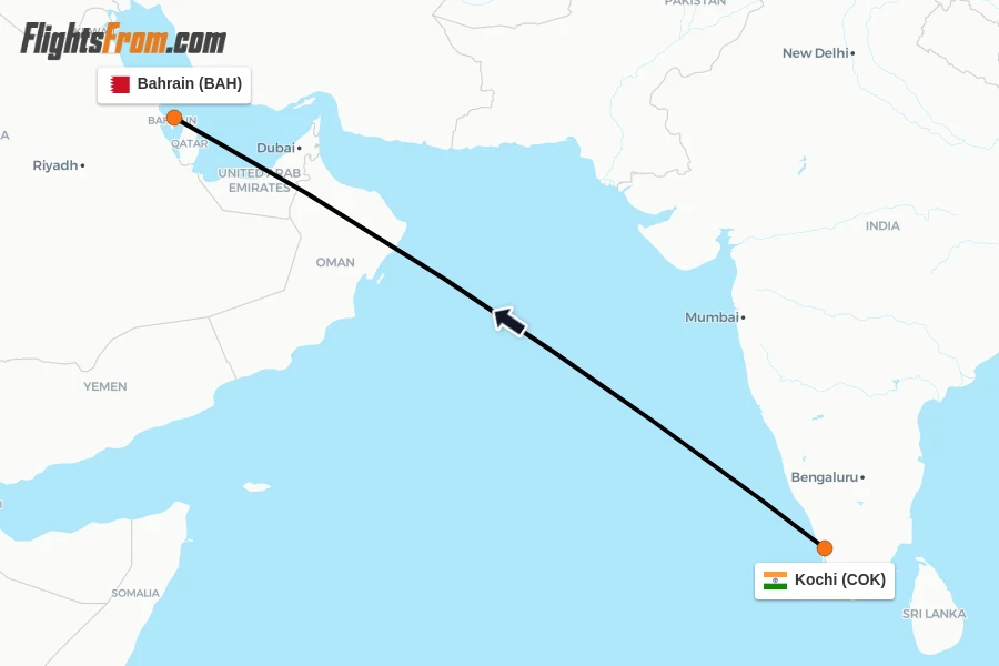 Flights from Kochi to Bahrain route map
