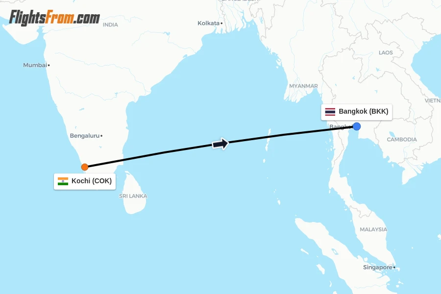 Flights from Kochi to Bangkok route map