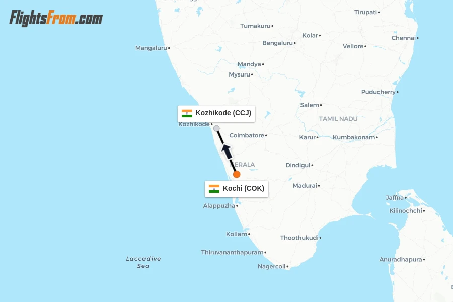 Flights from Kochi to Kozhikode route map