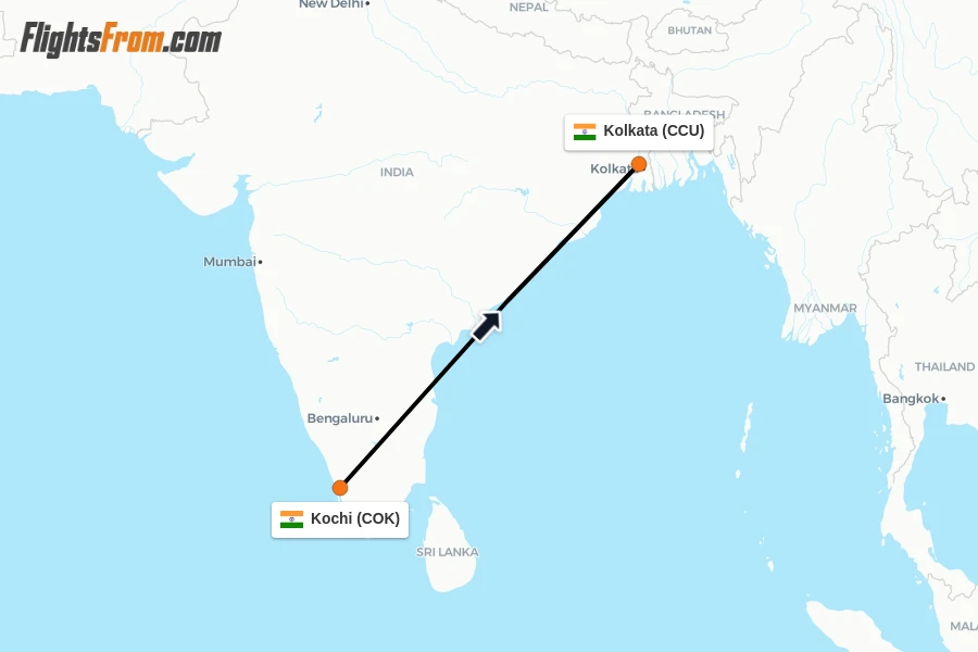 Flights from Kochi to Kolkata route map