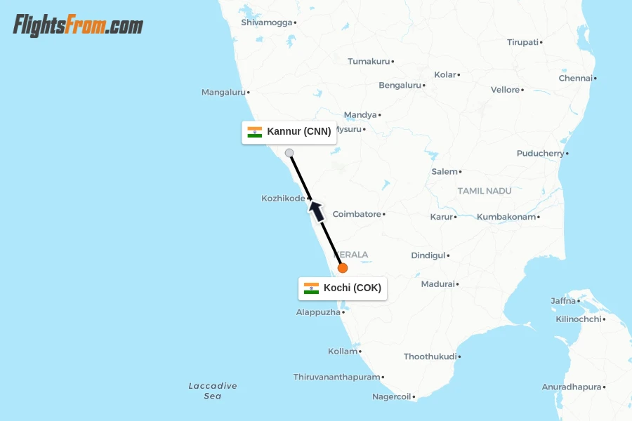Flights from Kochi to Kannur route map