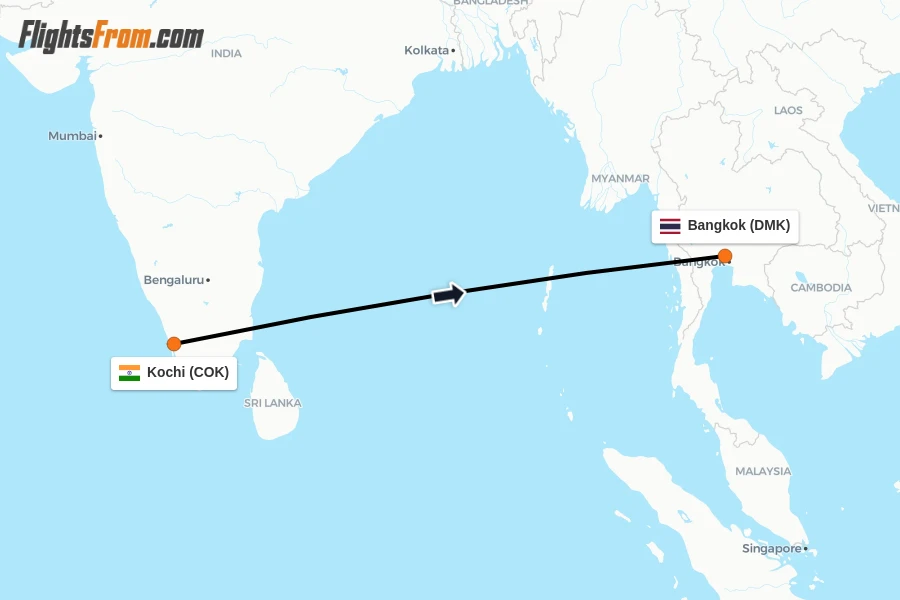 Flights from Kochi to Bangkok route map