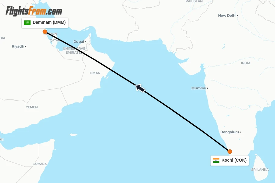 Flights from Kochi to Dammam route map