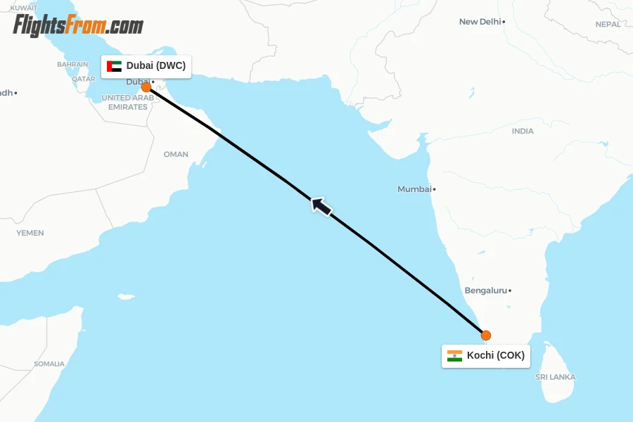 Flights from Kochi to Dubai route map