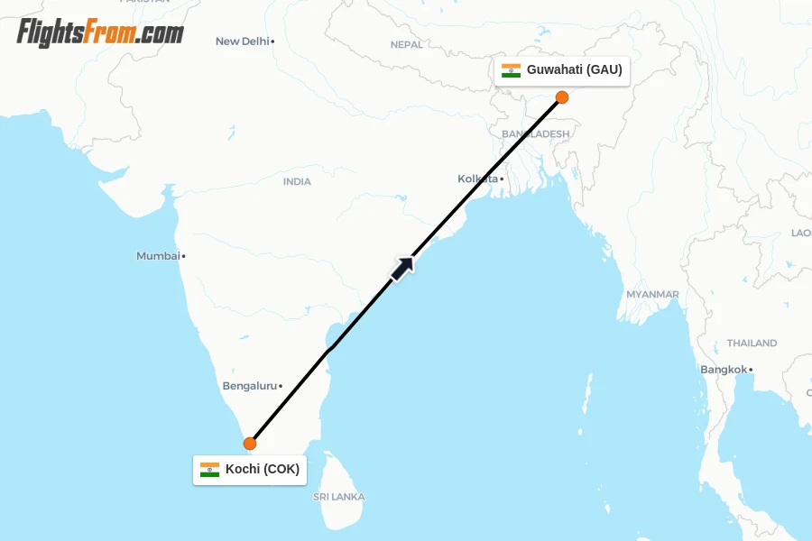 Flights from Kochi to Guwahati route map