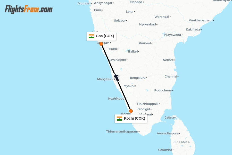 Flights from Kochi to Goa route map