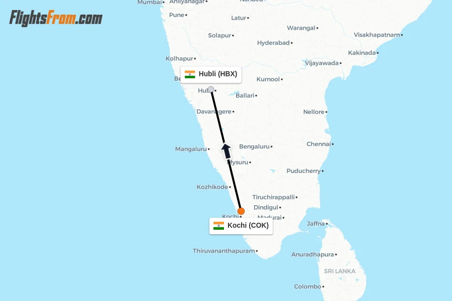 Flights from Kochi to Hubli route map