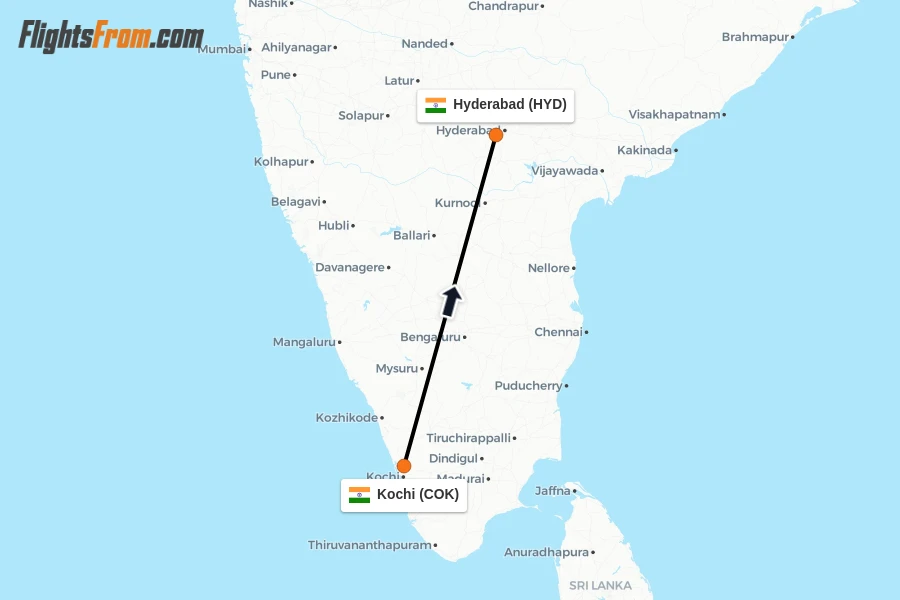 Flights from Kochi to Hyderabad route map